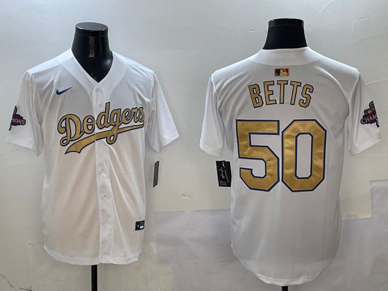 Men Los Angeles Dodgers #50 Betts White Champion gold character 2025 Nike MLB Jersey style 6->los angeles dodgers->MLB Jersey